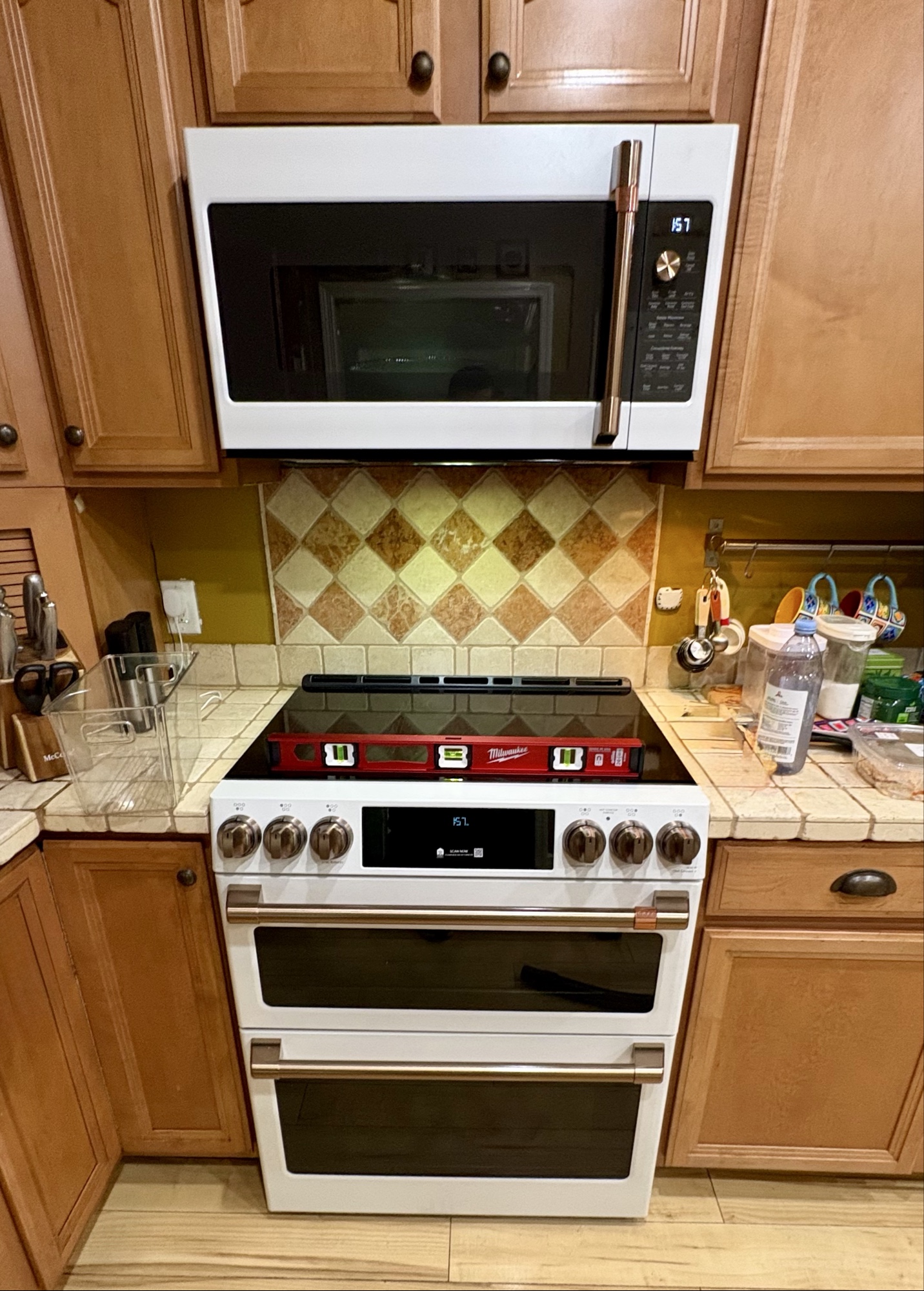 Cafe white double oven range with over-the-range microwave